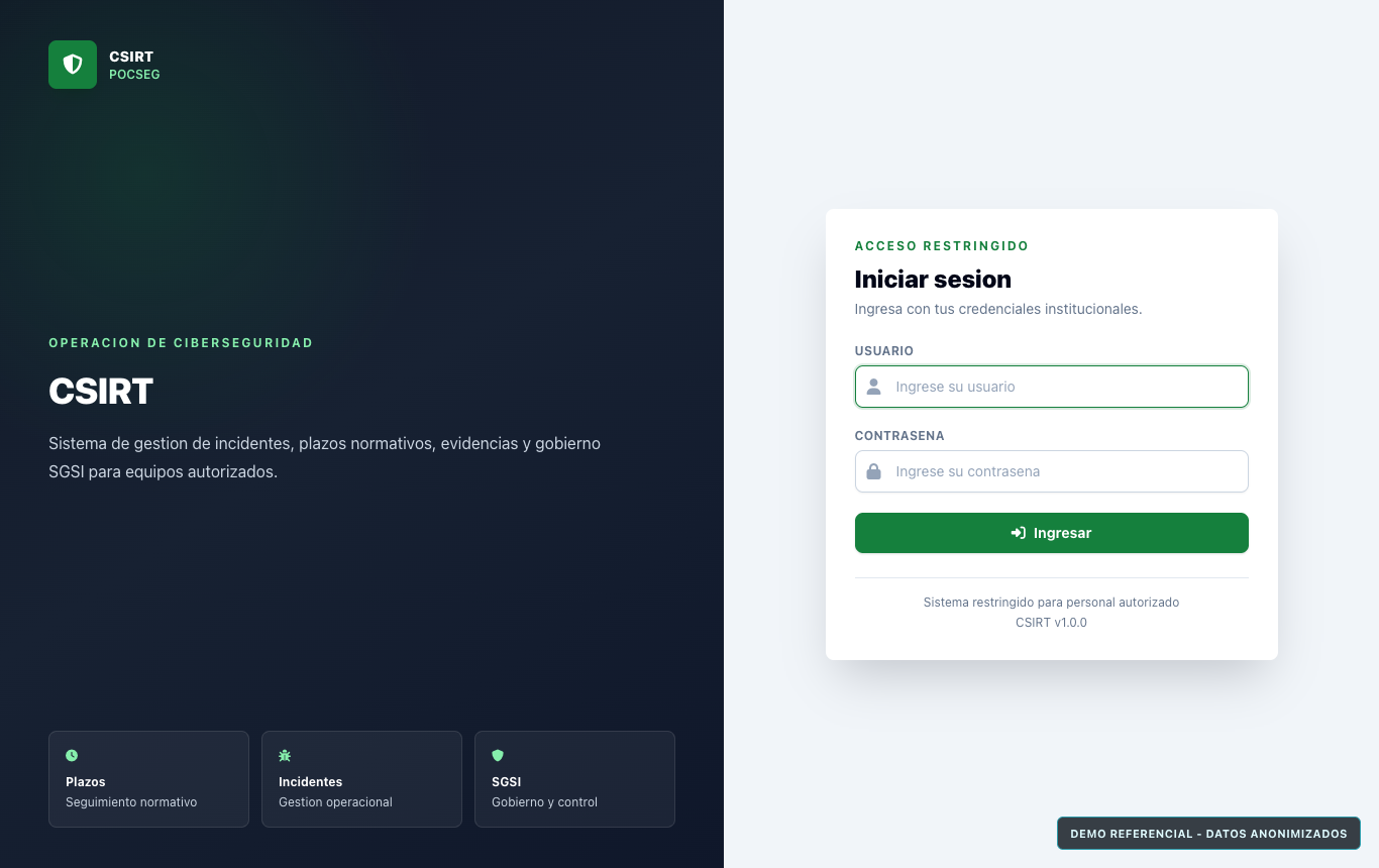 Captura referencial anonimizada del login CSIRT