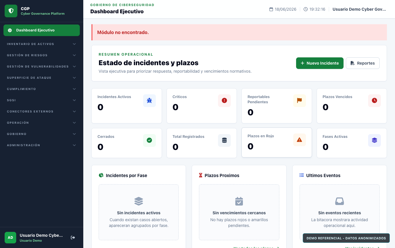 Captura referencial anonimizada del interior Cyber Governance Platform