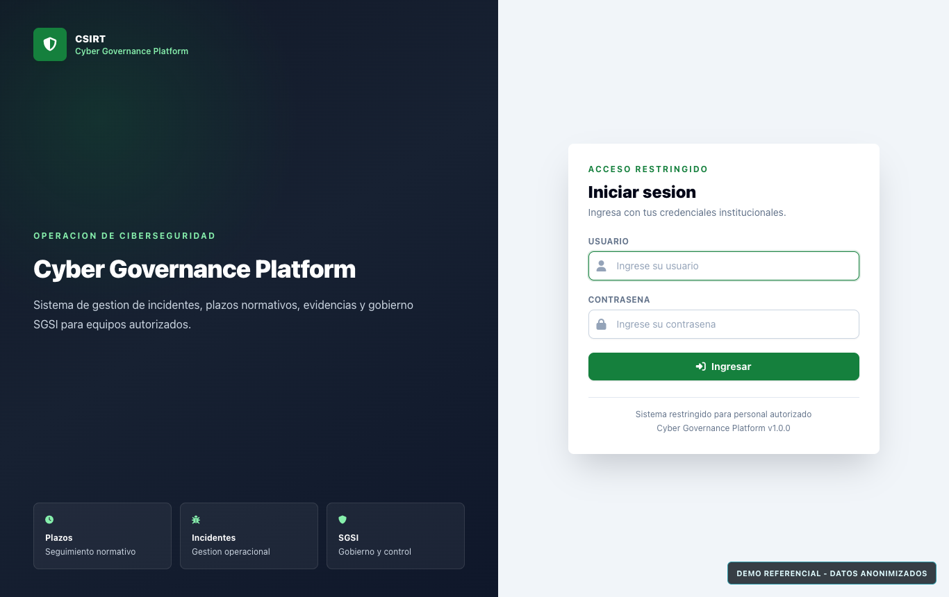Captura referencial anonimizada del login Cyber Governance Platform